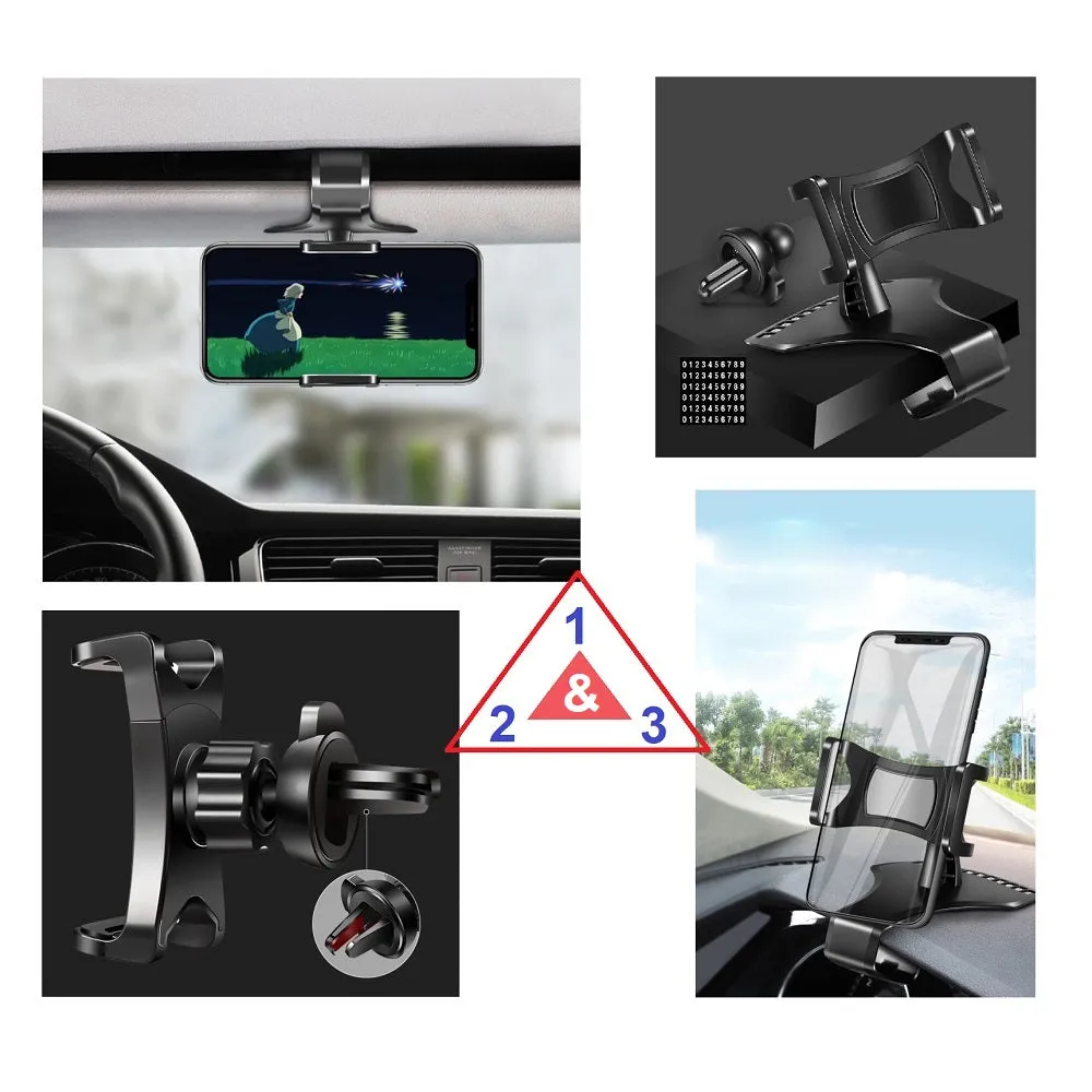 3 in 1 Car GPS Smartphone Holder: Dashboard / Visor Clamp   AC Grid Clip for LG JO JO TD-LTE 128GB L-02K (LG Joan QVR) - Black