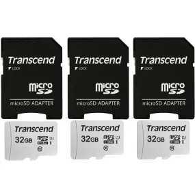 3 Packs Transcend 32GB MicroSD 300s 100MB/s Class 10 Micro SDHC Memory Card with SD Adapter