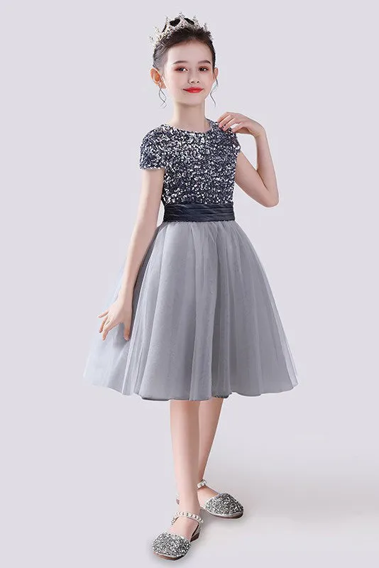 A- Line Cute Cap Sleeves Sequins Short Flower Girl Dresses