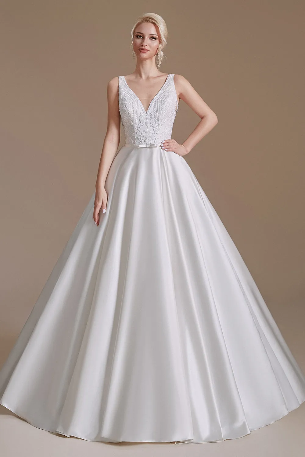 A-Line Elegant Sleeveless Stain Long Length Wedding Dresses