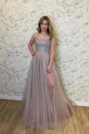 A Line Stylish Tulle Spaghetti Straps Evening Dresses Beads Long Prom Dresses With Slit
