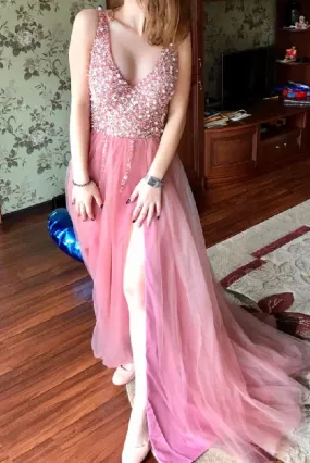 Beautiful Sleeveless Blush Pink V Neck Long Prom Dresses