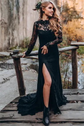 Black Sweetheart Long Sleeves Lace Backless Wedding Dresses