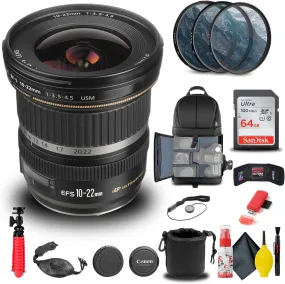 Canon EF-S 10-22mm f/3.5-4.5 USM Lens (9518A002)   Filter Kit   Backpack   64GB Card   Lens Pouch   Card Reader   Flex Tripod   Memory Wallet   Cap Keeper   Cleaning Kit   Hand Strap   More