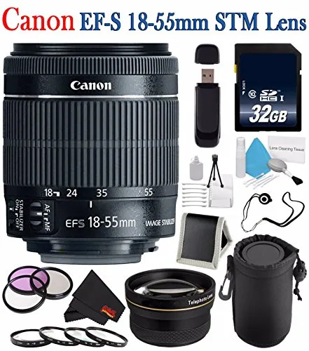 Canon EF-S 18-55mm f/3.5-5.6 IS STM Lens 8114B002   58mm 3 Piece Filter Kit   Deluxe Lens Pouch   58mm 2x Telephoto Lens Bundle