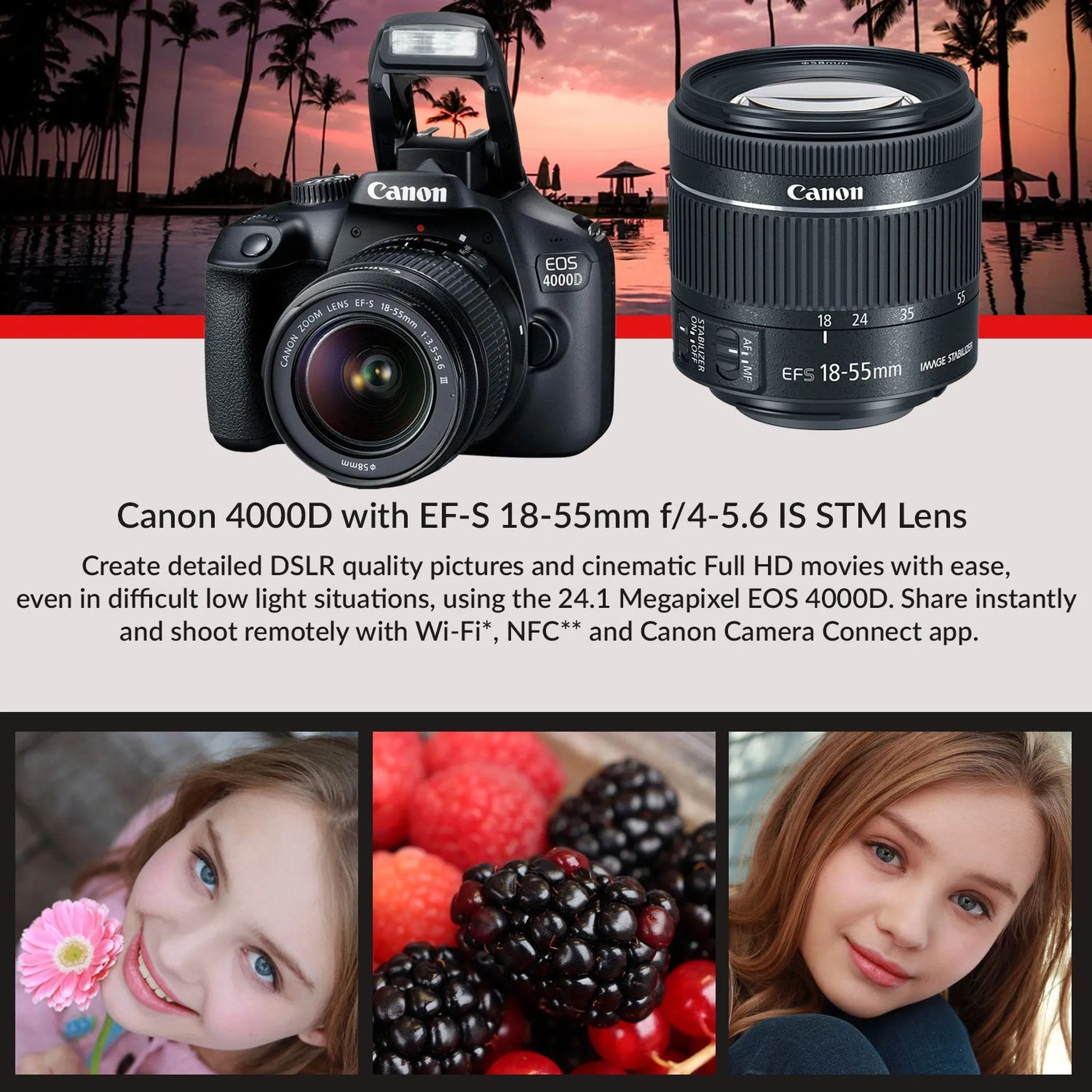 Canon EOS 4000D DSLR Camera & EF-S 18-55 mm f/3.5-5.6 IS III Lens   75-300mm Telephoto Zoom Lens   64GB Memory Card   Camera Bag