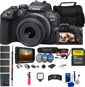 Canon EOS R10 Mirrorless Camera with 18-45mm Lens (5331C009)   4K Monitor   Rode VideoMic   Sony 64GB Tough SD Card   Filter Kit   Bag   3 x LPE17 Battery   Card Reader   LED Light   More