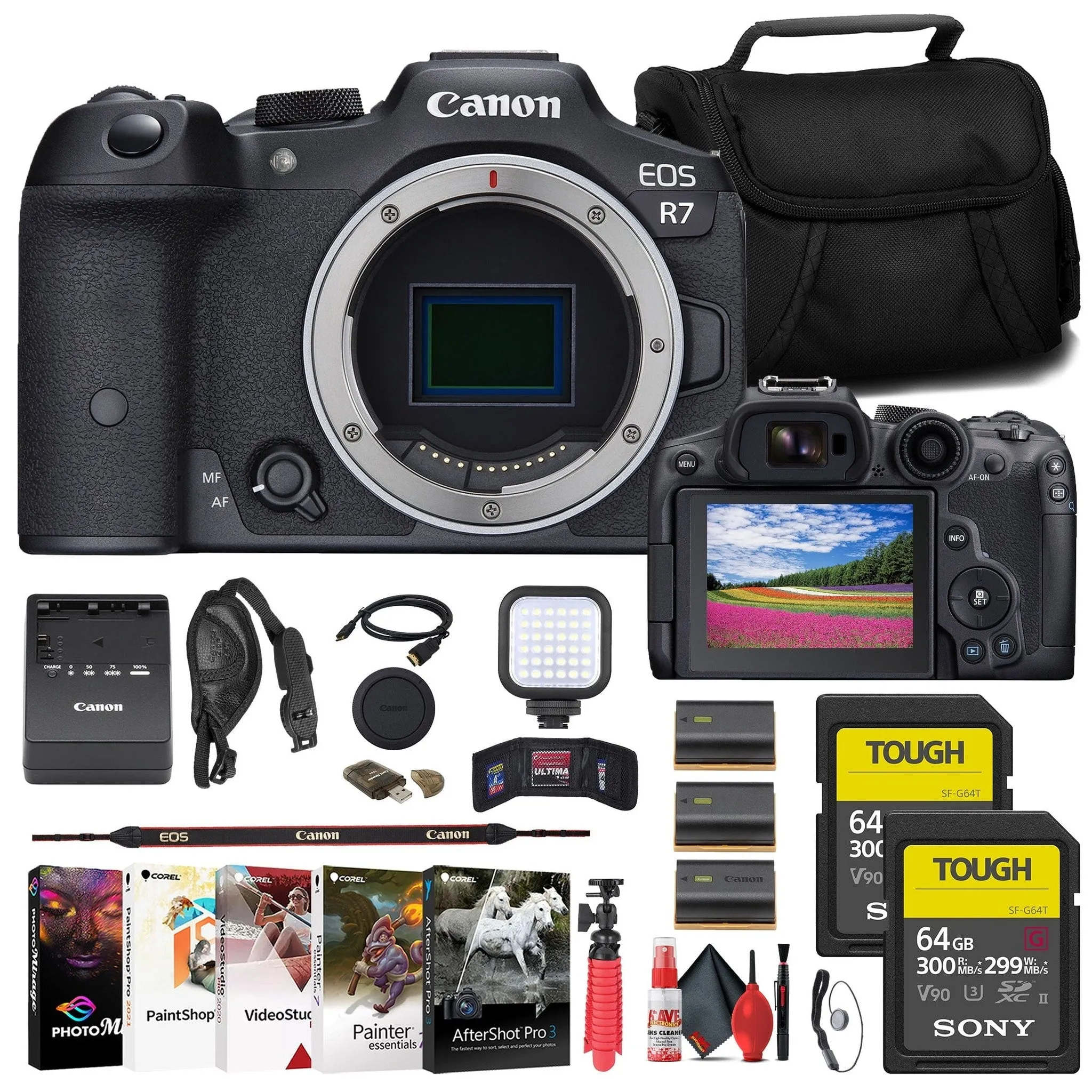 Canon EOS R7 Mirrorless Camera   2 x Sony 64GB TOUGH SD Card   Bag   More