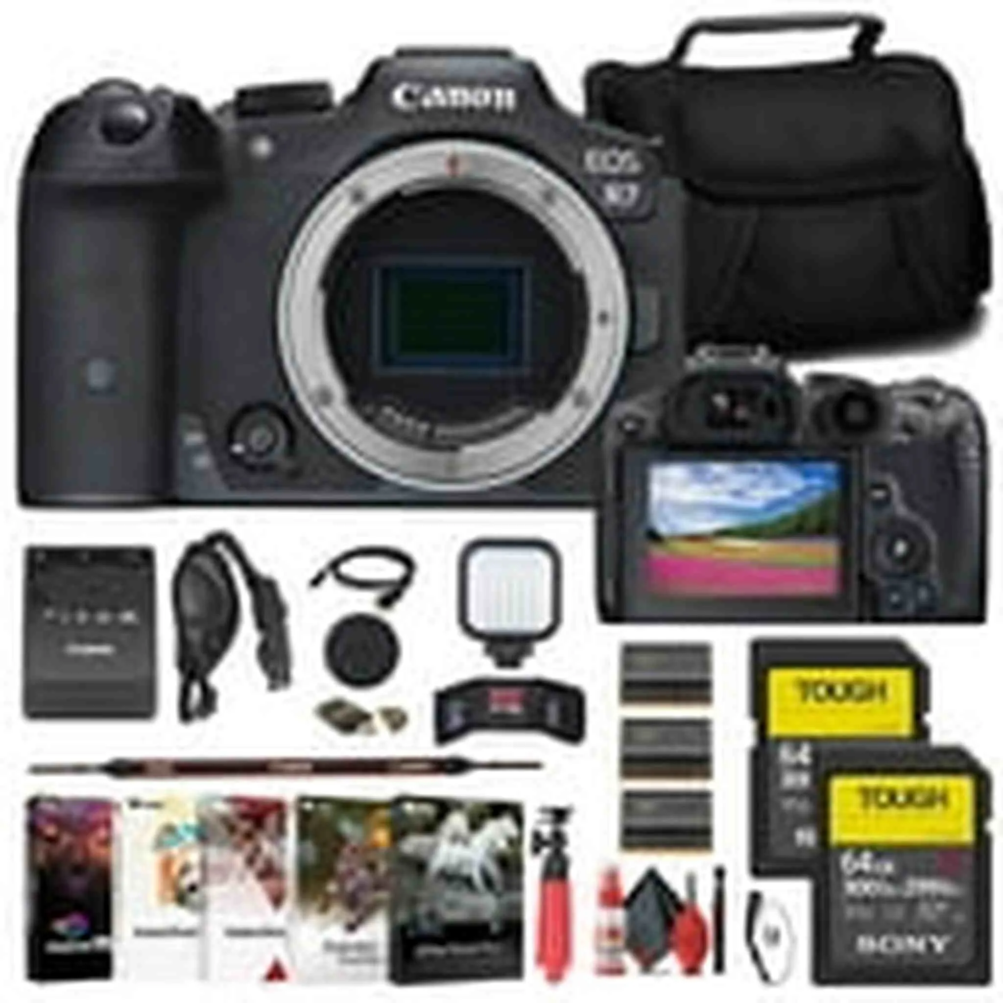 Canon EOS R7 Mirrorless Camera   2 x Sony 64GB TOUGH SD Card   Bag   More