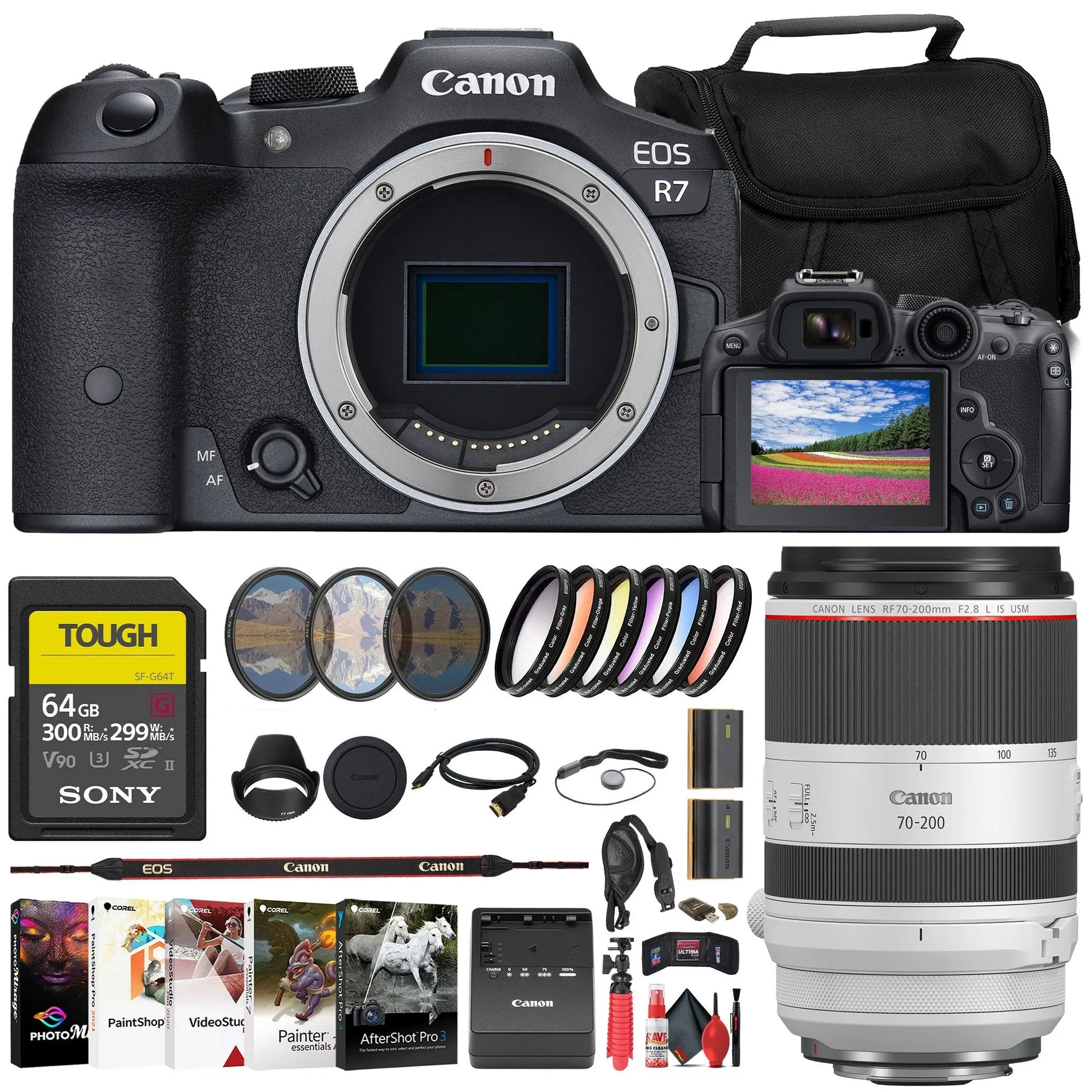 Canon EOS R7 Mirrorless Camera   Canon 70-200mm Lens   64GB Card   Filter   More