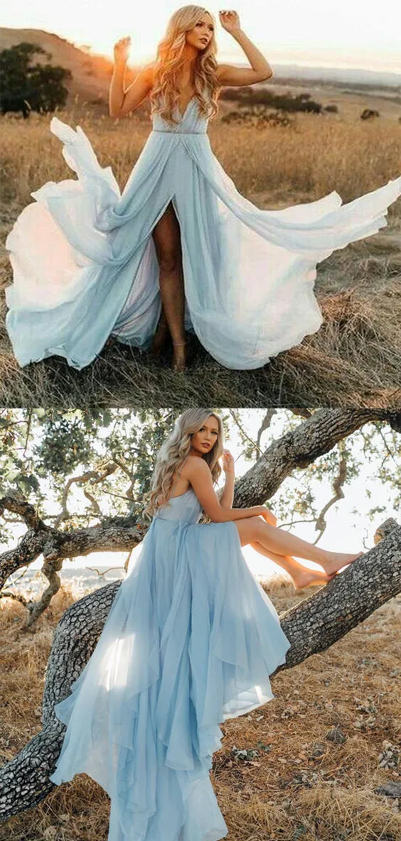 Chiffon Sleeveless V Neck A Line Long Sky Blue Flowy Prom Dress