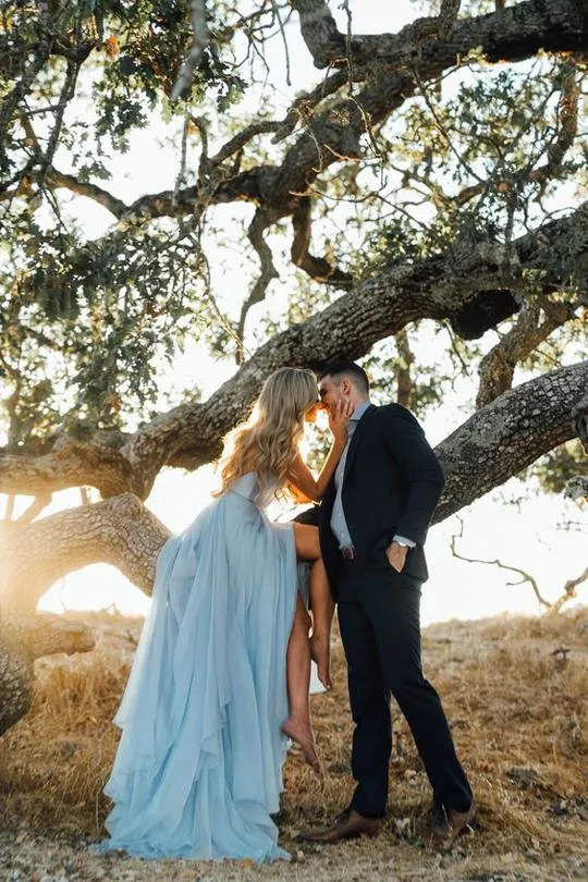 Chiffon Sleeveless V Neck A Line Long Sky Blue Flowy Prom Dress