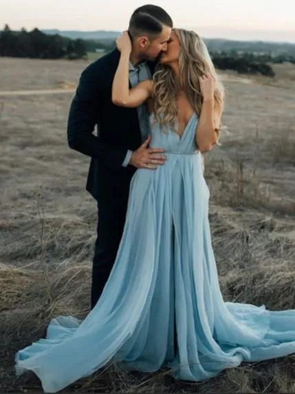 Chiffon Sleeveless V Neck A Line Long Sky Blue Flowy Prom Dress