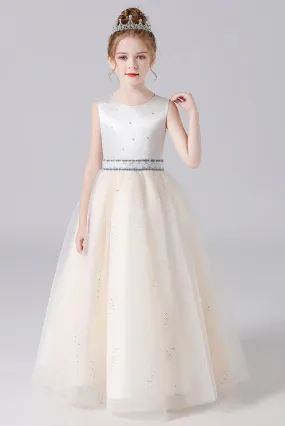 Cute Sleeveless Beading Tulle Floor Length Flower Girl Dresses