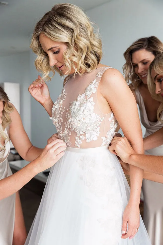 Elegant A Line Sleeveless Tulle Wedding Dresses Long Bridal Gown