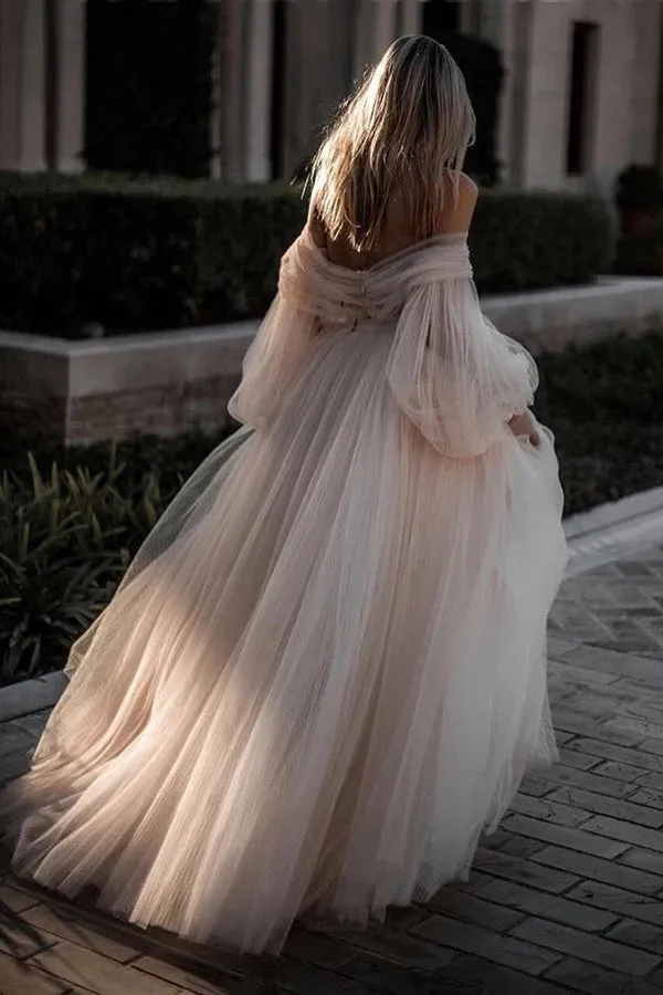 Elegant Flowy Long Sleeves Backless Romantic Long Beach Wedding Dresses