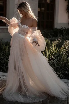 Elegant Flowy Long Sleeves Backless Romantic Long Beach Wedding Dresses