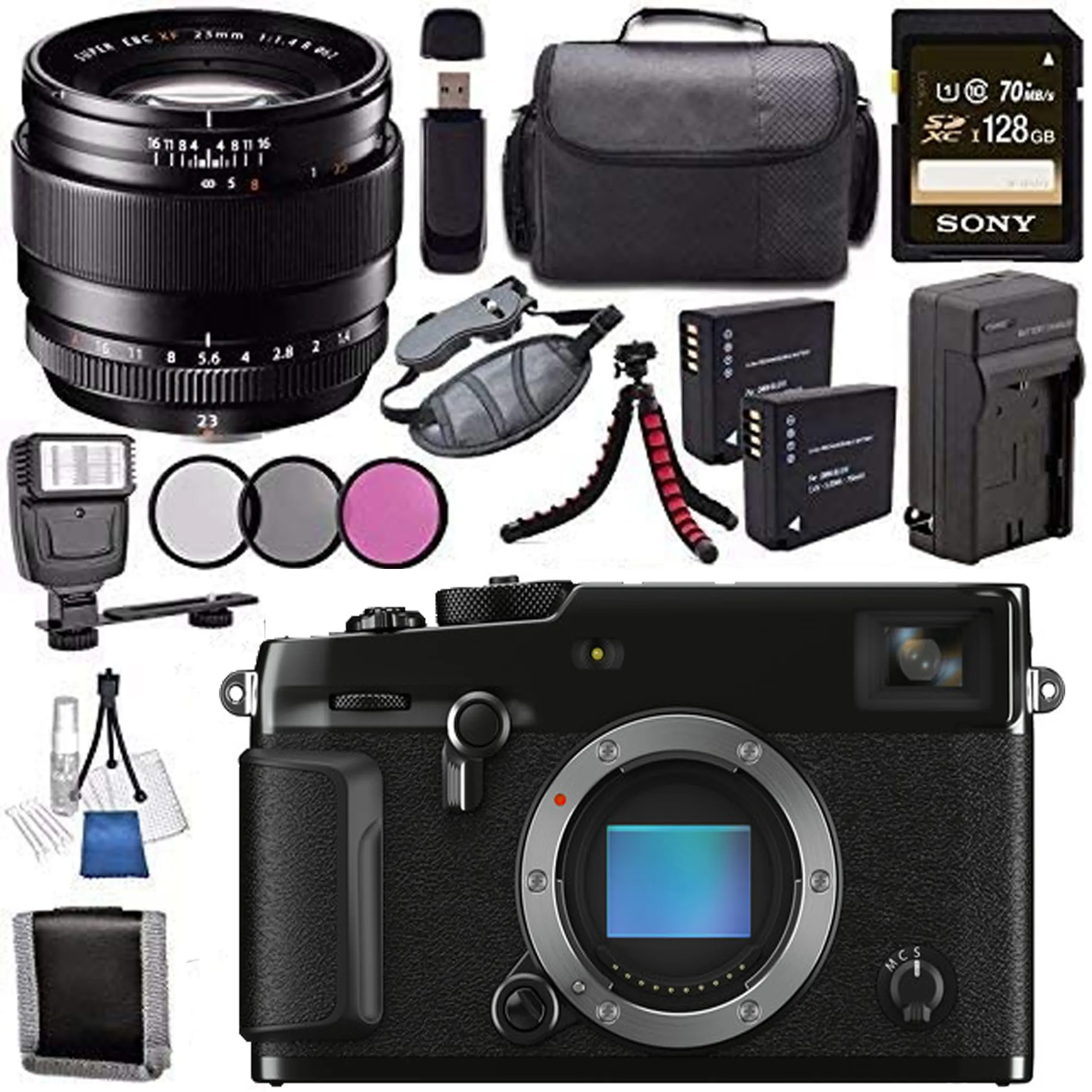 Fujifilm X-Pro3 Wi-Fi Digital Camera with 23mm f/2.0 XF Lens NP-W126 Battery   Charger   Sony 128GB SDXC Card   Case   Tripod   Flash Bundle