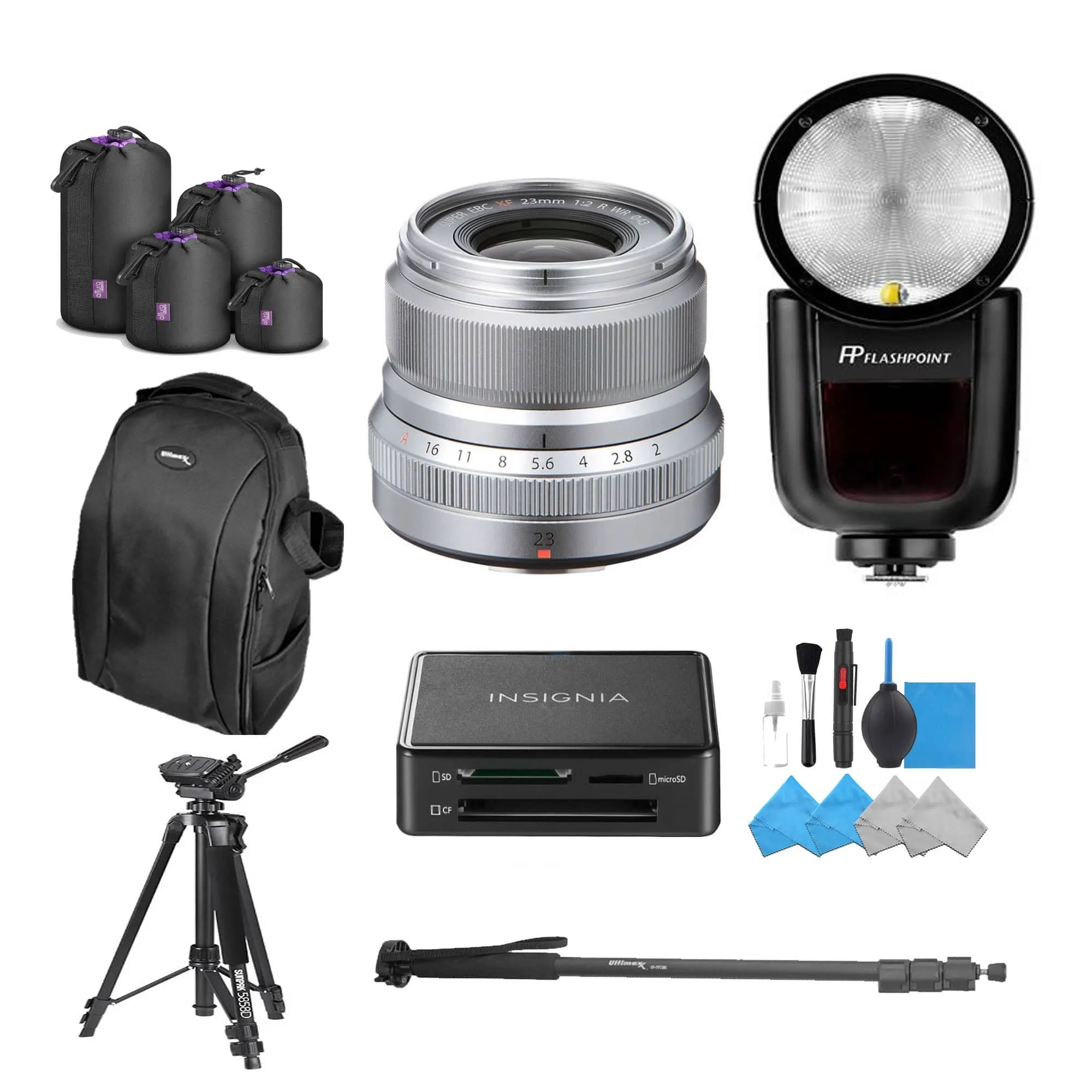FUJIFILM XF 23mm f/2 R WR Lens (Silver) Flashpoint Kit W/Insignia Card Reader &amp; More