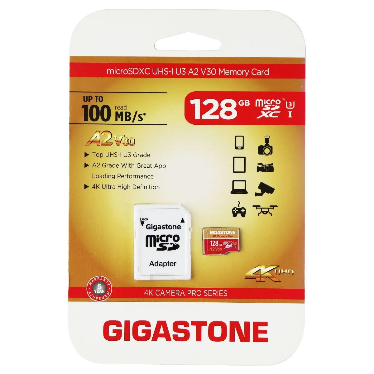 Gigastone 128GB microSDXC UHS-1 U3 A2 V30 Memory Card and Adapter