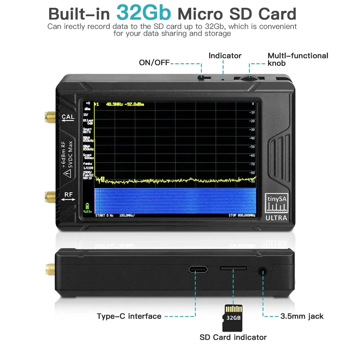 Handheld Display TinySA ULTRA 4" 100k-5.3GHz RF Signal Generator Spectrum Analyzer  for SDR Radio Shortwave Antenna
