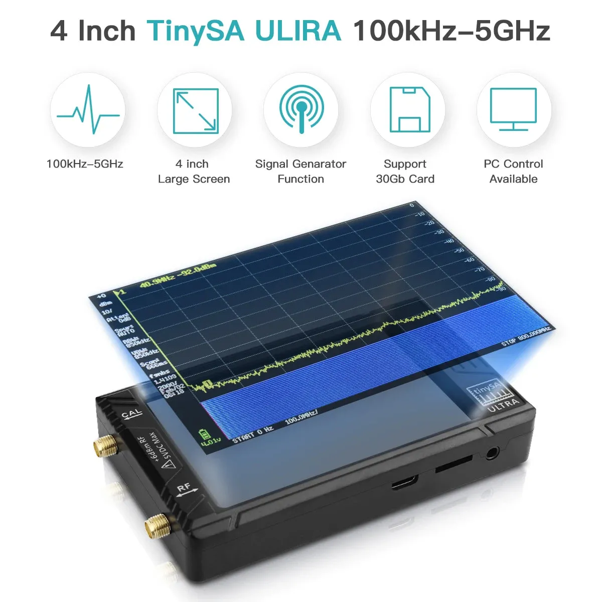 Handheld Display TinySA ULTRA 4" 100k-5.3GHz RF Signal Generator Spectrum Analyzer  for SDR Radio Shortwave Antenna
