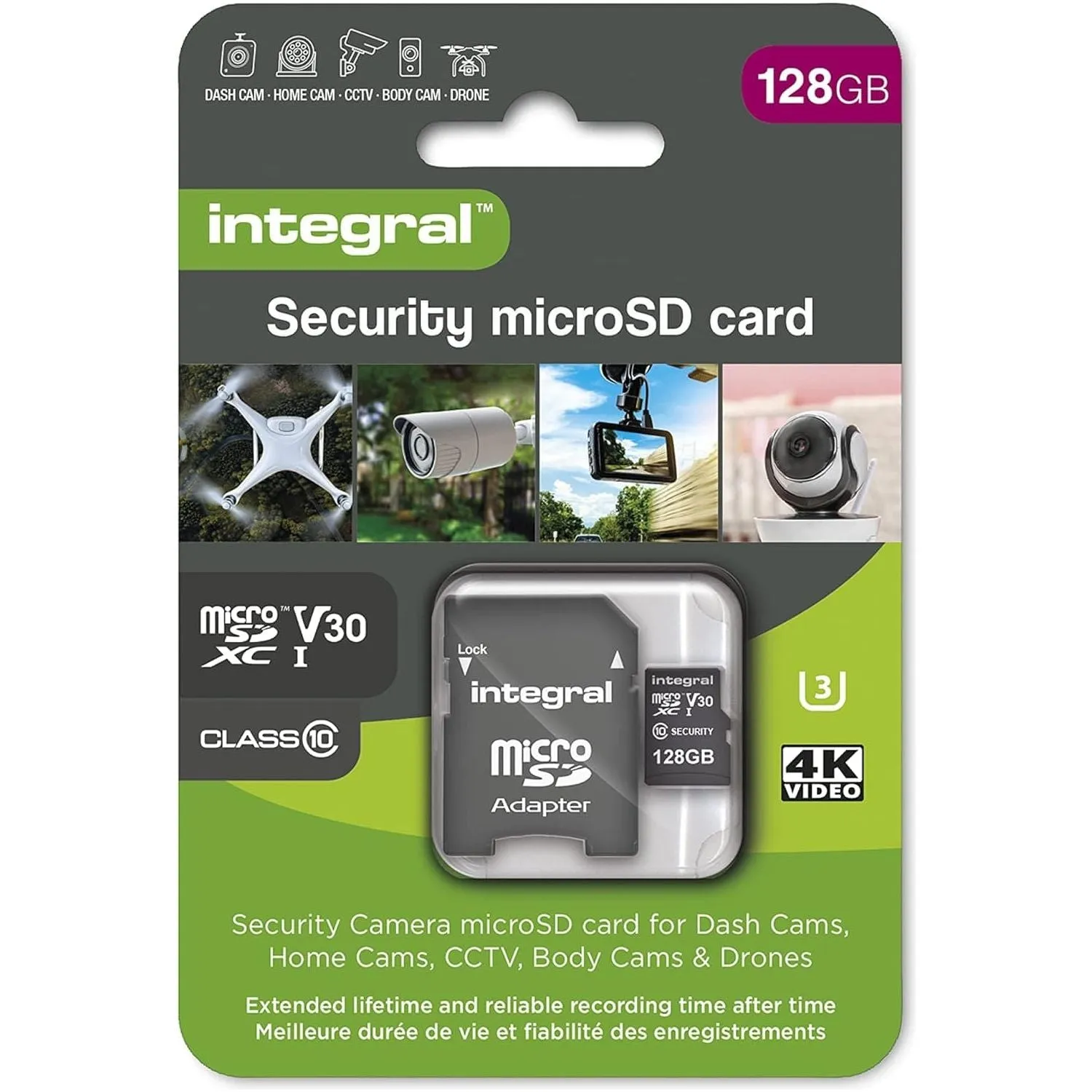 Integral Micro SD Security Card 128GB for Dash-Cams, Home Cams, CCTV, Body Cams and Drones. Extended lifetime and reliable recording time after time with High Endurance