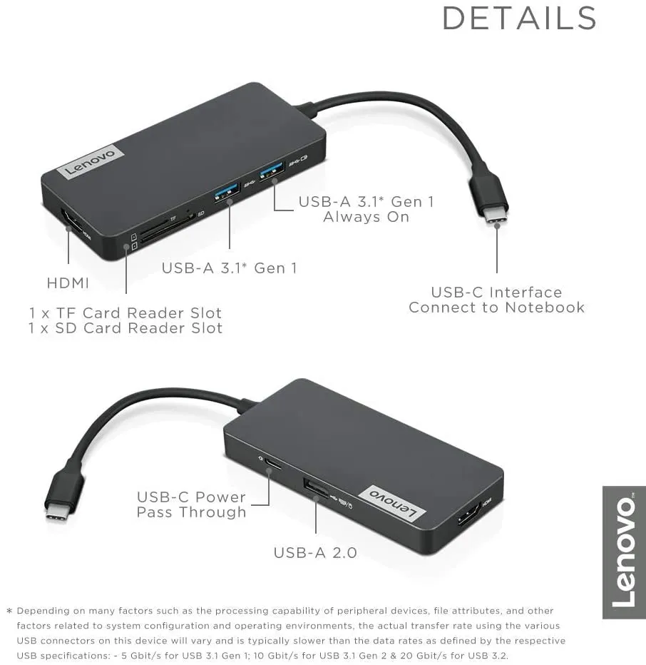 Lenovo USB-C 7-in-1 Hub, with USB-C Laptop Charging Port, USB 3.1, USB 2.0, HDMI, TF Card Reader, SD Card Reader, GX90T77924, Iron Grey
