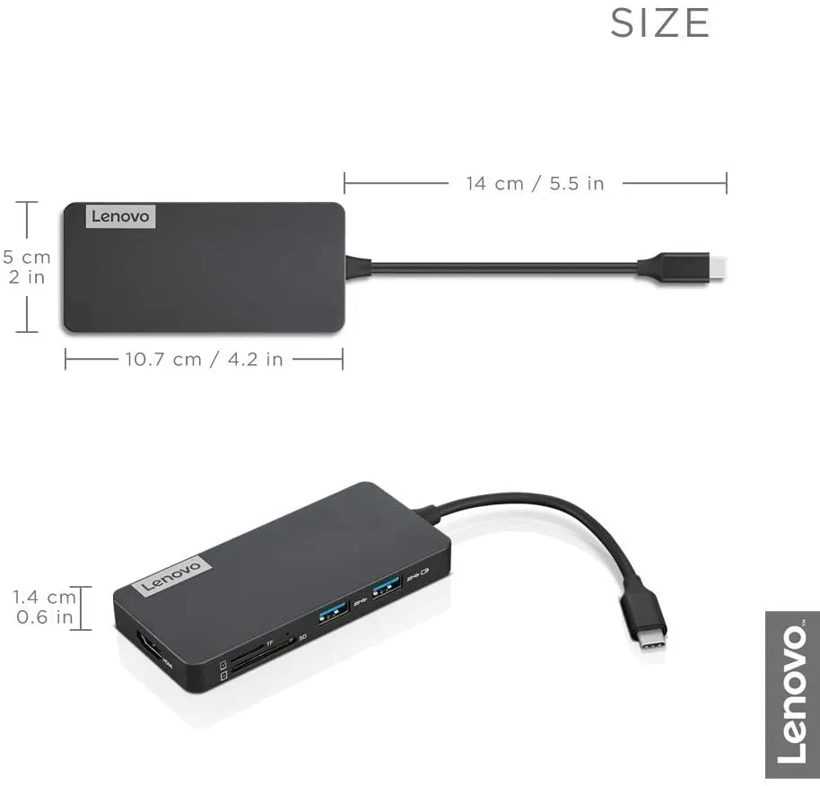 Lenovo USB-C 7-in-1 Hub, with USB-C Laptop Charging Port, USB 3.1, USB 2.0, HDMI, TF Card Reader, SD Card Reader, GX90T77924, Iron Grey