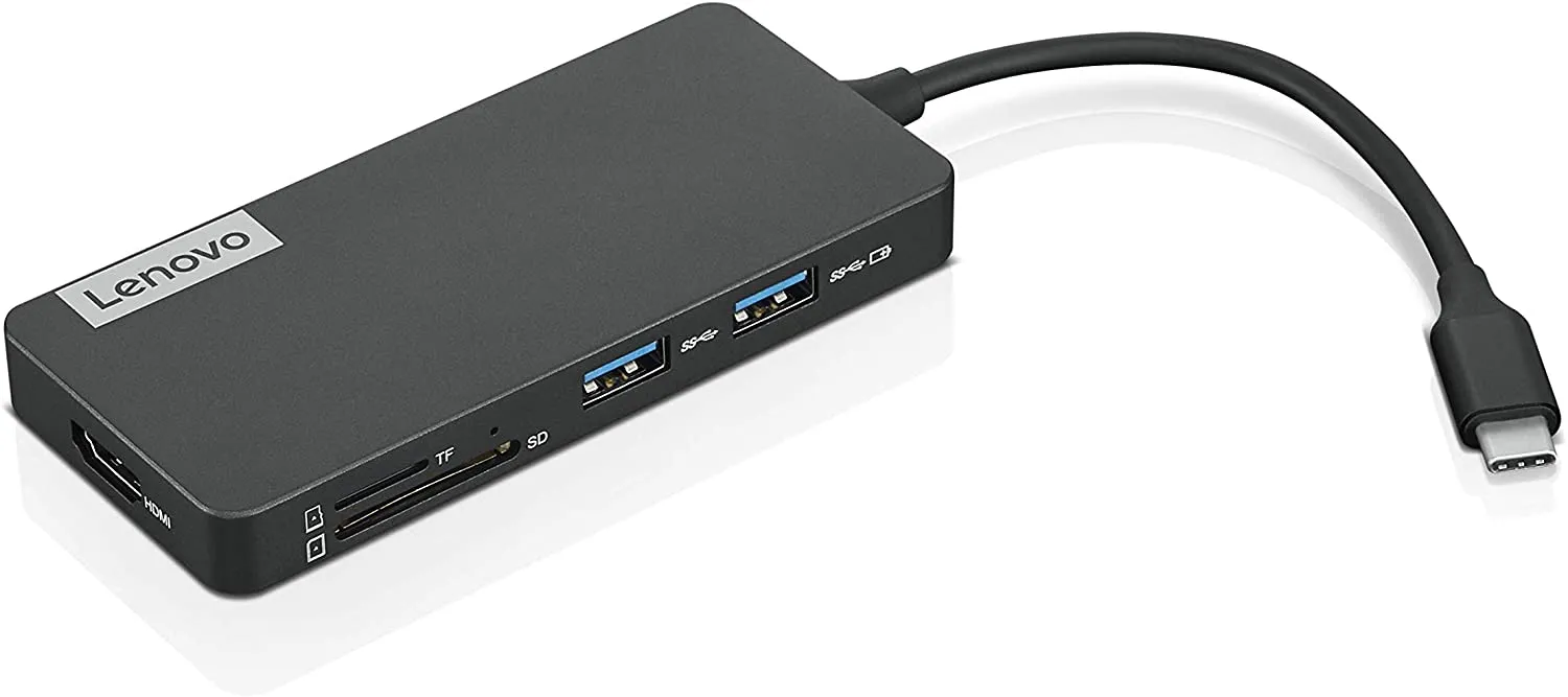 Lenovo USB-C 7-in-1 Hub, with USB-C Laptop Charging Port, USB 3.1, USB 2.0, HDMI, TF Card Reader, SD Card Reader, GX90T77924, Iron Grey
