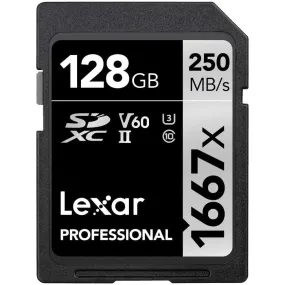 Lexar Professional 1667x SD Card 128GB, SDXC UHS-II Memory Card, Up to 250MB/s Read, 120MB/s Write, Class 10, U3, V60 SD for Professional Photographer, Videographer, Enthusiast (LSD128CB1667)