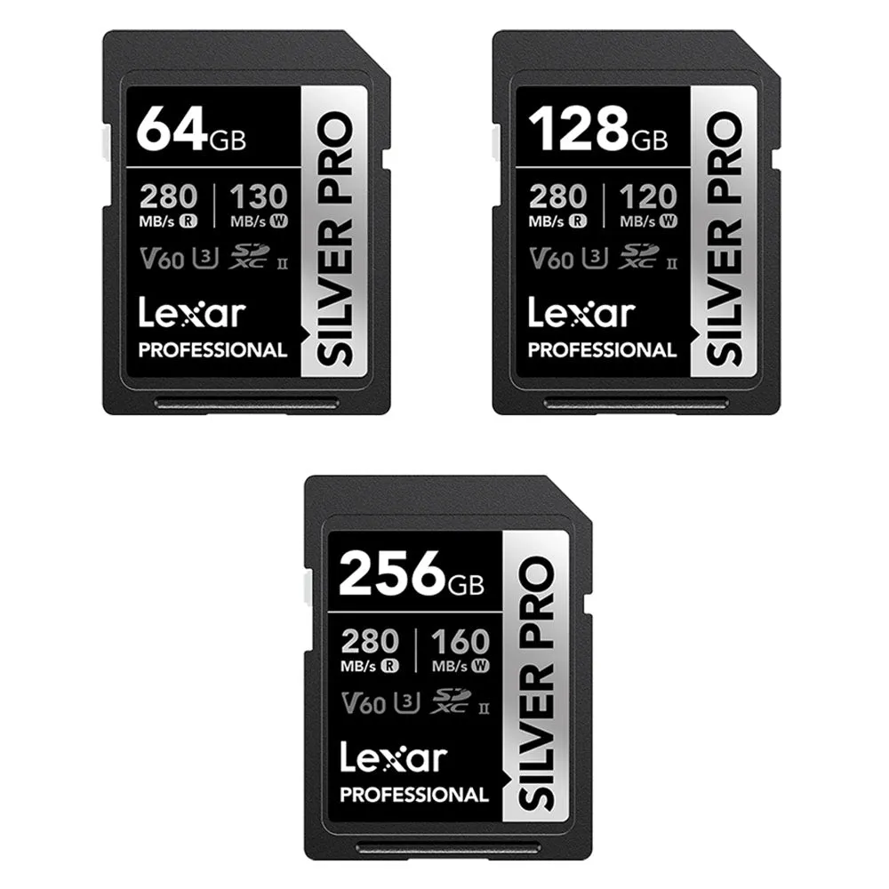 Lexar Professional 256GB 128GB 64GB Silver Pro SDXC UHS-II Memory Card V60 Class 10 U3 with Max 280MB/s Read Speed for Videography and Photography