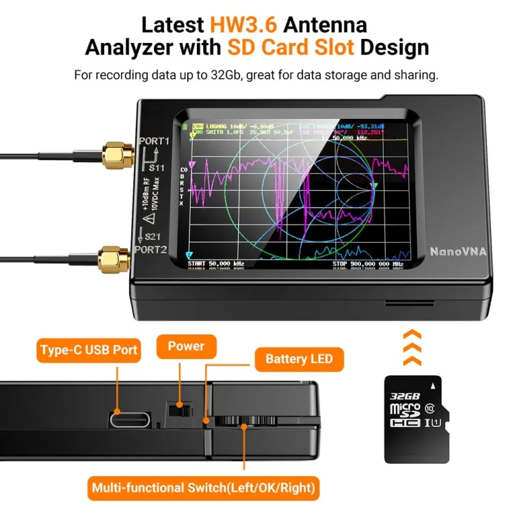NANOVNA-H Upgraded Version 2.8 Inch TFT 50Khz-1.5Ghz Vector Network Antenna Analyzer MF HF VHF UHF With SD Card