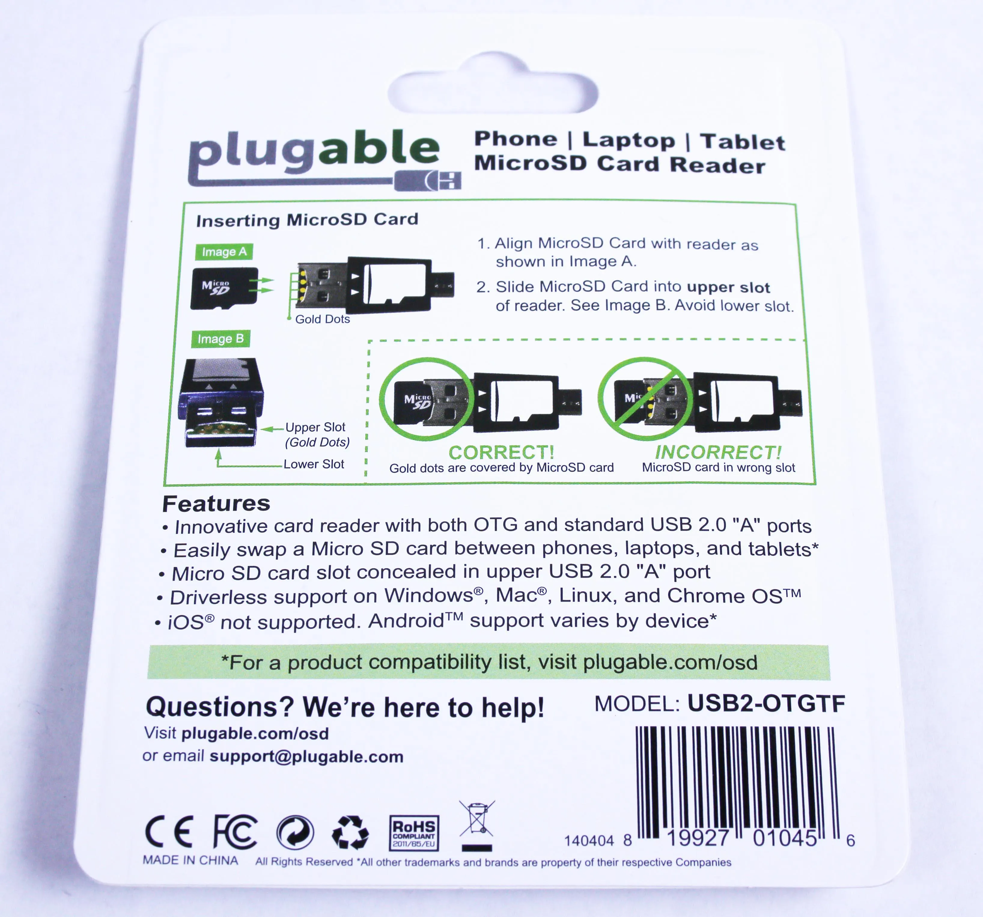 Plugable USB 2.0 MicroSD Card Reader for Phone, Laptop, and Tablet