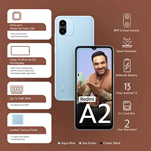 Redmi A2 (Aqua Blue, 2GB RAM, 32GB Storage) | Powerful Octa Core G36 Processor | Upto 7GB RAM | Large 16.5 cm HD  Display with Massive 5000mAh Battery | 2 Years Warranty [Limited time Offer]
