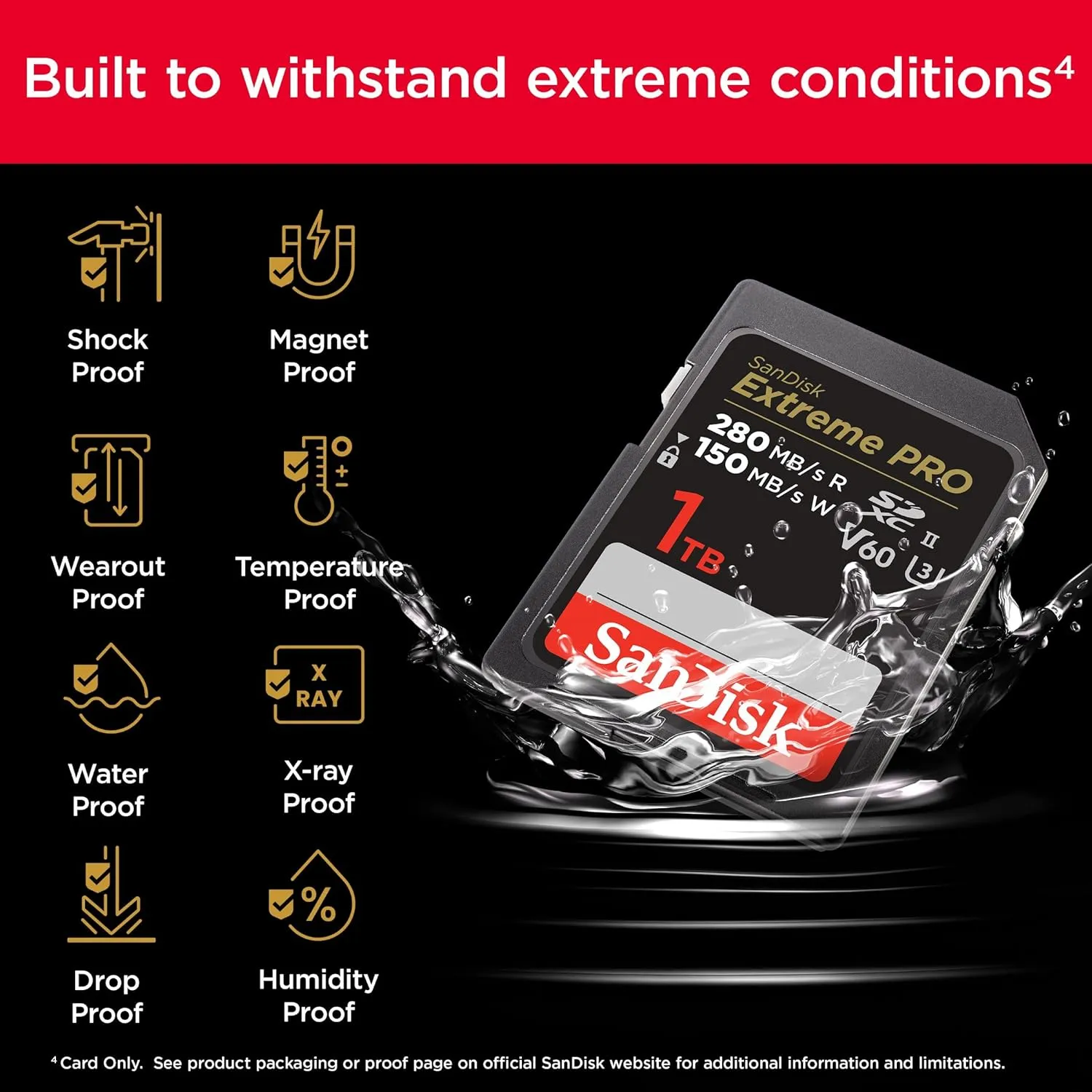 SanDisk 128GB Extreme PRO SDXC card, SD Card, V60 Memory card, 6K & 4K UHD, up to 280 MB/s, Shock, Temperature, Water and X-Ray Proof, RescuePro Deluxe data recovery software, UHS-II, Class 10, U3