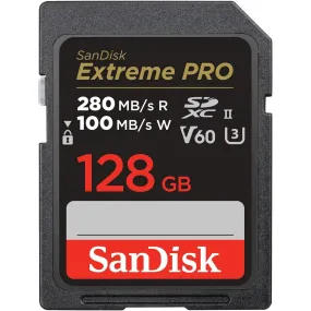 SanDisk 128GB Extreme PRO SDXC card, SD Card, V60 Memory card, 6K & 4K UHD, up to 280 MB/s, Shock, Temperature, Water and X-Ray Proof, RescuePro Deluxe data recovery software, UHS-II, Class 10, U3