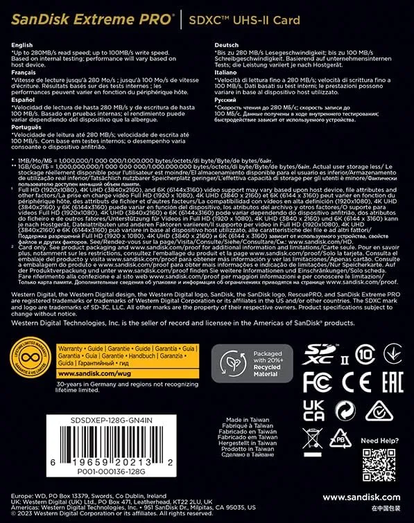 SanDisk 128GB Extreme Pro SDXC (V60, 6K/UHD, UHS-II/U3, 280R/100W MB/s) SDSDXEP-128G-GN4IN 772-4597