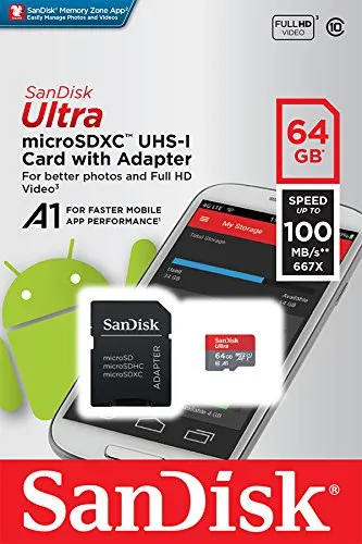 SanDisk 64GB Ultra microSDXC UHS-I Memory Card with Adapter - 100MB/s, C10, U1, Full HD, A1, Micro SD Card - SDSQUAR-064G-GN6MA