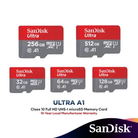 SanDisk Ultra A1 Class 10 Micro SD Memory Card - 32GB/64GB/128GB/256GB/400GB/512GB (120MB/s) (140MB/s) (SDSQUAR / SDSQUA4 / SDSQUAB / SDSQUAC)