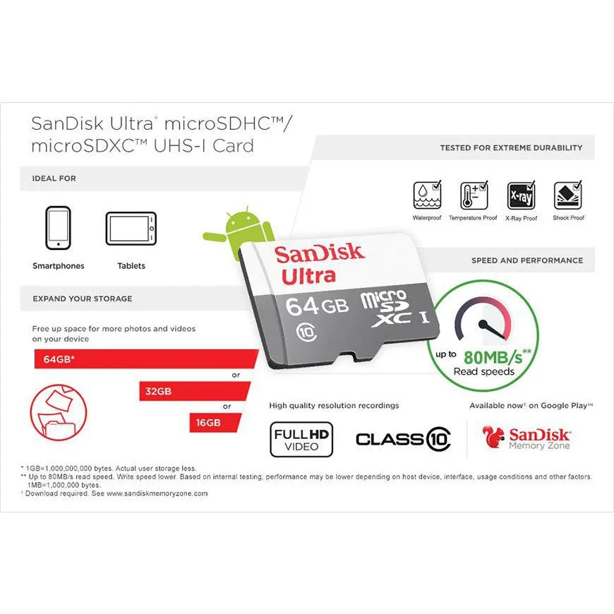 SanDisk Ultra Class 10 UHS-I microSD Memory Card  - (32GB/64GB/128GB)(Max R: 100MB/s)(SDSQUNR) NO SD ADAPTER