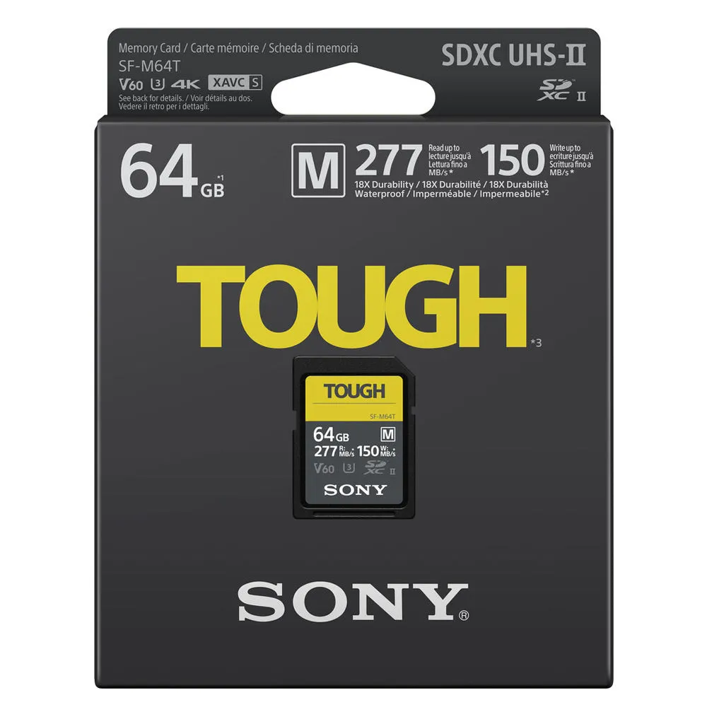 Sony 64GB/128GB SF-M TOUGH SDXC UHS-II V60 Class SD Memory Card with 277 MB/s Read and 60MB/s Write Speed for DSLR, SLR, Mirrorless, Video Camera | SFM64T/T1, SF-M128T/T1