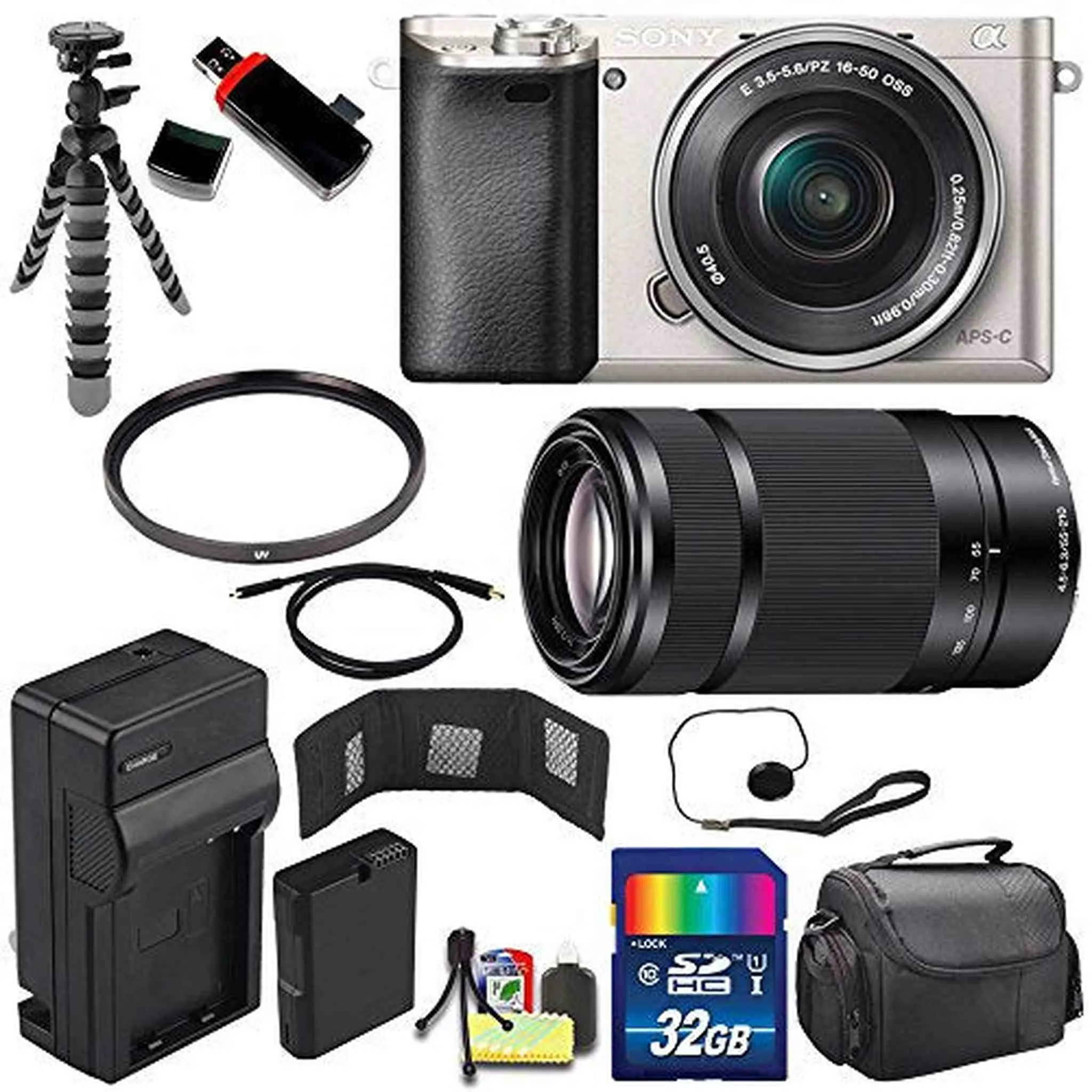 Sony Alpha a6000 Mirrorless Digital Camera with 16-50mm Lens (Silver)   Sony E 55-210mm f/4.5-6.3 OSS E-Mount Lens 32GB Travel Bundle