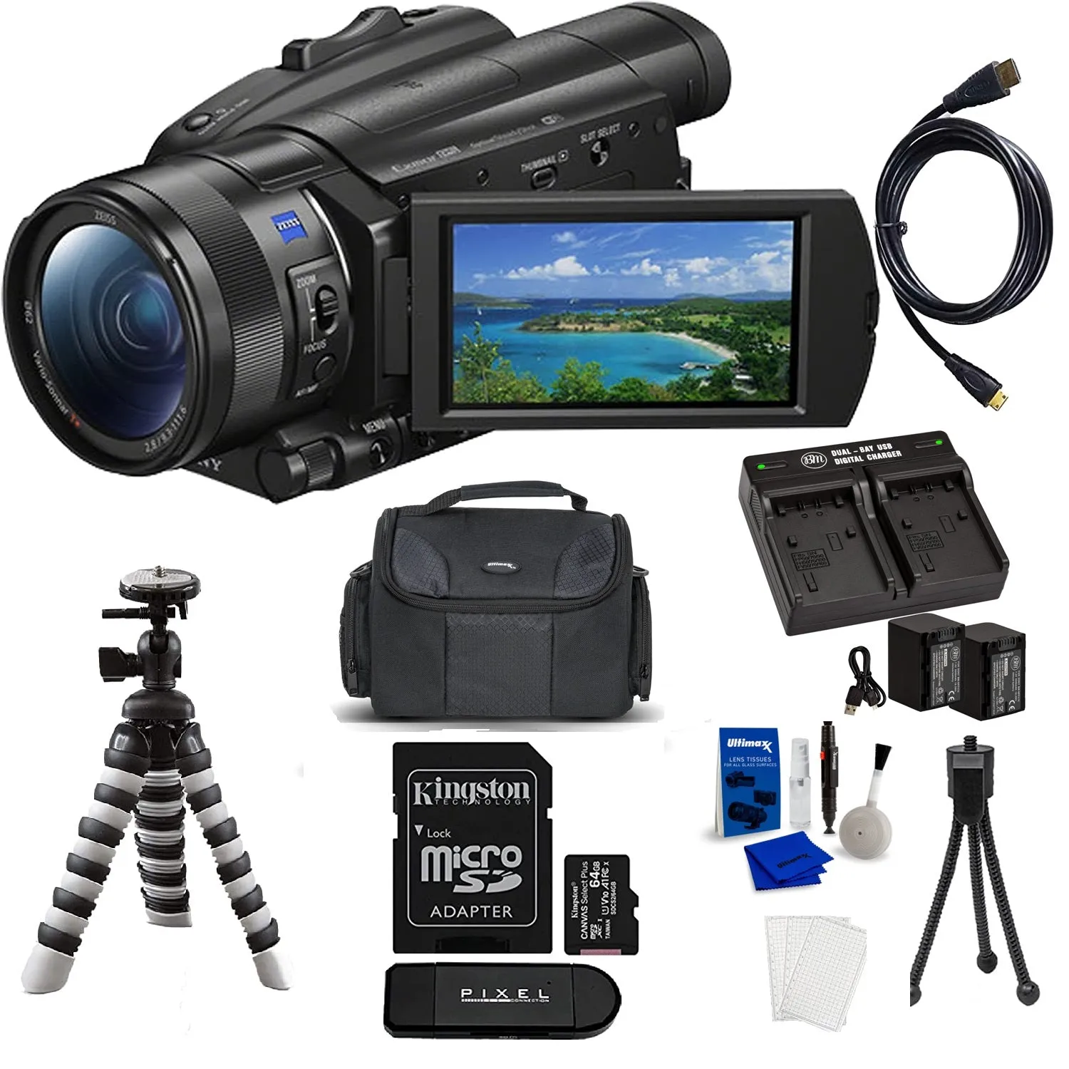 Sony FDR-AX700 4K Video Camera with 2X Battery   AC/DC Charger   128GB SDXC Card   Gadget Bag   Flexible Tripod   More  AX700 Camcorder