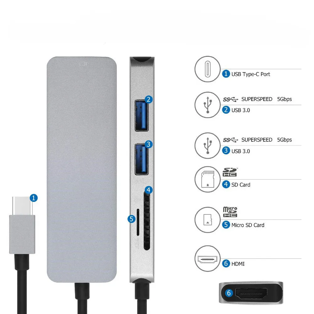 Type-c Docking Station USB3.0 Converter 4K MacBook to HDMI Hub 5-in-1 Card Reader
