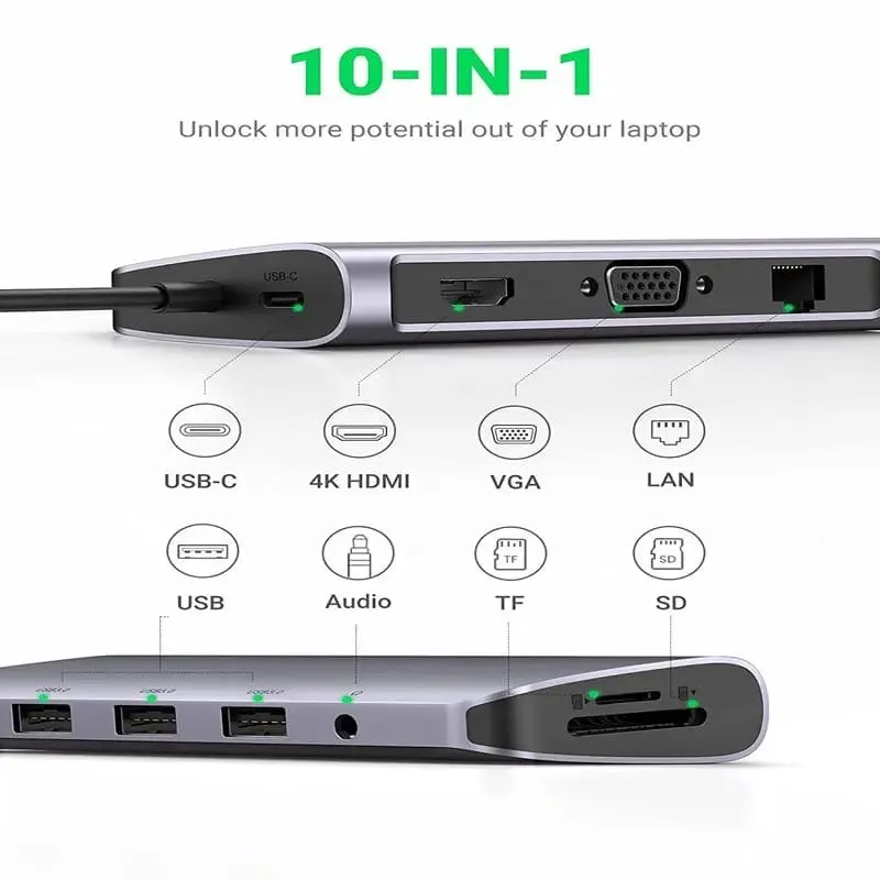 UGREEN 10 in 1 Usb C Docking Station With Ethernet, 4K USB C to HDMI, VGA, PD Power Delivery, 3*USB 3.0 Ports, USB C to 3.5mm, SD/TF Cards Reader for MacBook/Pro/Air and Type C Windows Laptops (80133)